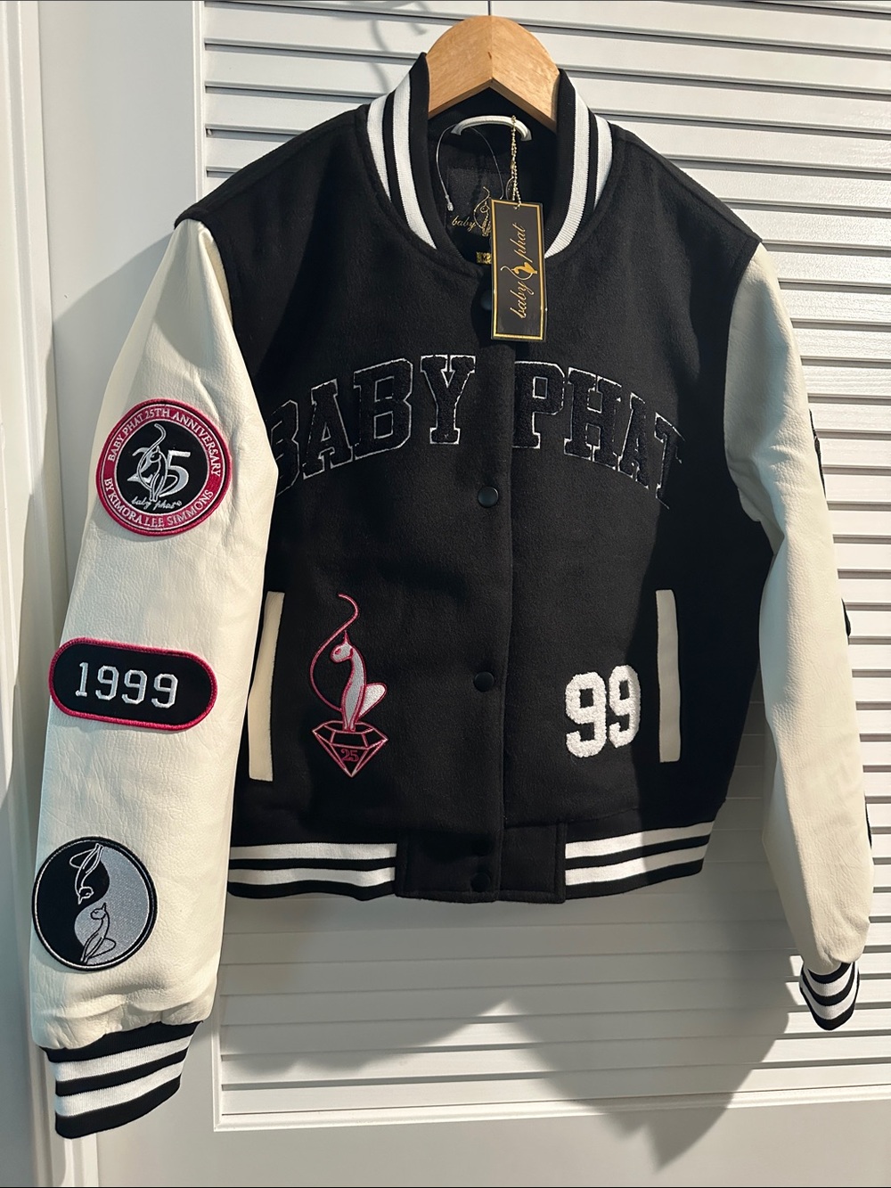 NWT Baby Phat Ladies Varsity Button Down Winter Jacket with emblems.